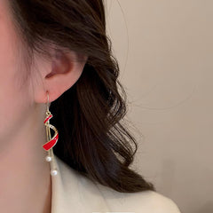 Bông Tai Tòn Teng Uốn Đỏ Tua Rua Ngọc Trai Dáng Móc