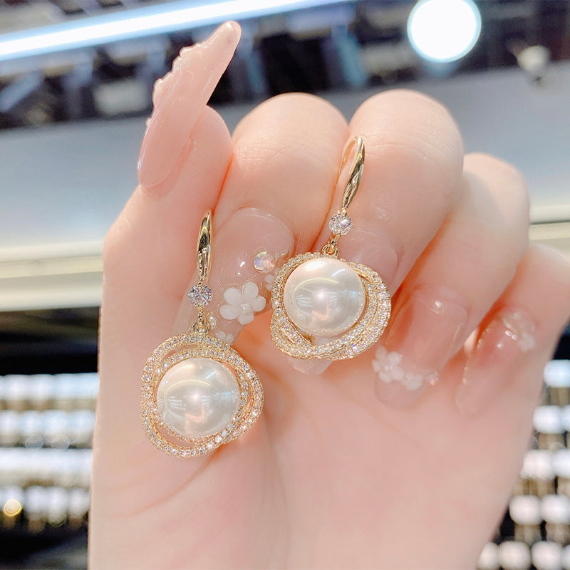 Bông Tai Tòn Teng Viền Xoắn Đá Nhuỵ Ngọc Trai Dạng Móc