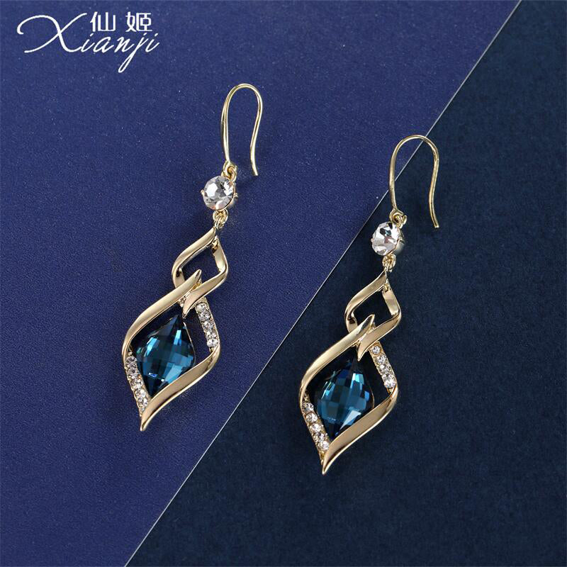 Bông Tai Tòn Teng Hình Thoi Đá Xanh Gợn Sóng Vàng Dạng Móc