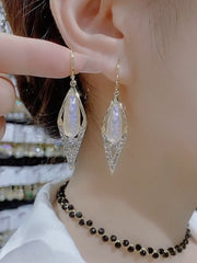 Bông Tai Khoen Dáng Hình Thoi Phối Ngọc Trai Giọt Nước Siêu Sáng