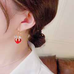 Bông Tai Khoen Khuyết Trái Tim Đỏ Phối Nơ Đá Ngọc Trai