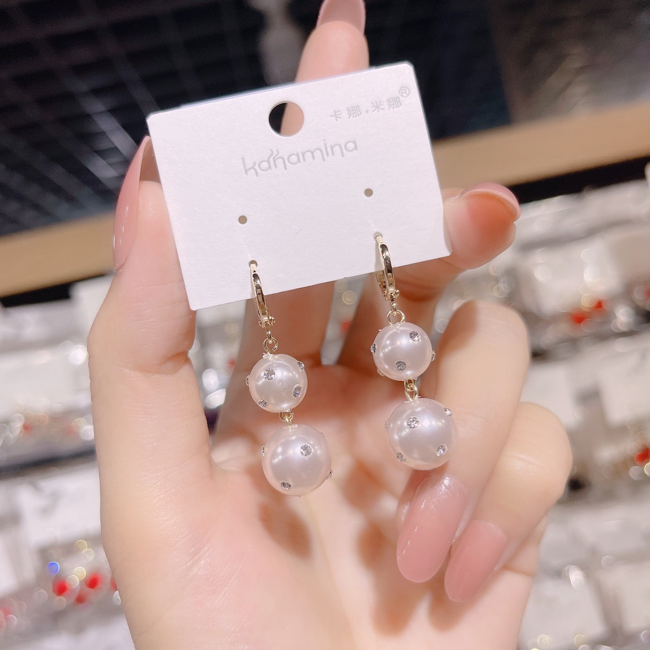 Bông Tai Tòn Teng Khoen 2 Ngọc Trai Ánh Hồng Đính Đá Trắng