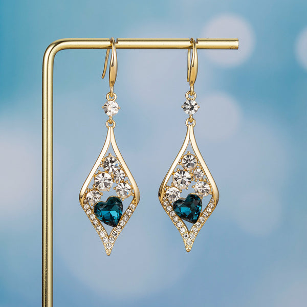 Bông Tai Tòn Teng Hình Thoi Phối Đá Trái Tim Xanh Coban Dạng Móc