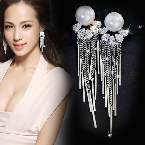 Bông tai ngọc trai tòn teng phối đá