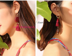 Khuyên tai tòn teng bất đối xứng hình học đỏ đô