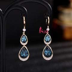 Bông Tai Tòn Teng Giọt Nước Đá Xanh Biển Cả Dạng Móc