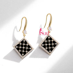 Bông Tai Tòn Teng Hình Thoi Họa Tiết Caro Đính Đá Dạng Móc