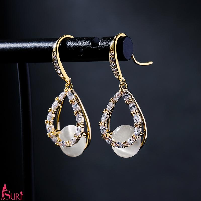 Bông Tai Tòn Teng Giọt Nước Đính Đá Mắt Mèo Dạng Móc