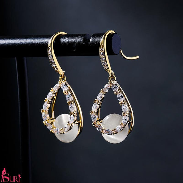 Bông Tai Tòn Teng Giọt Nước Đính Đá Mắt Mèo Dạng Móc