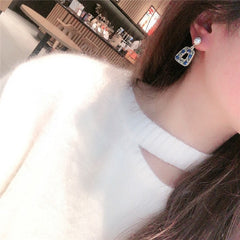 Bông Tai Tòn Teng Hình Thang Đính Đá Tròn Xanh Xám Ngọc Trai