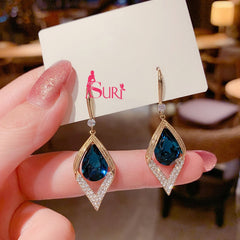 Bông Tai Tòn Teng Giọt Nước Đá Xanh Biển Cả Dạng Móc