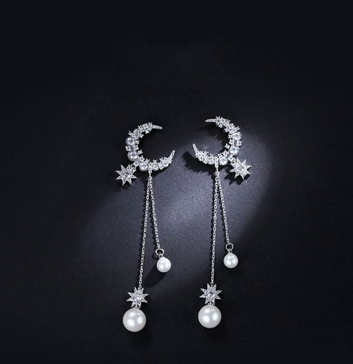 Bông tai tòn teng trăng sao phối ngọc trai