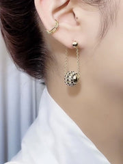 Bông Tai Tòn Teng Khoen Bi Tròn Đính Đá Đen Lạ Mắt