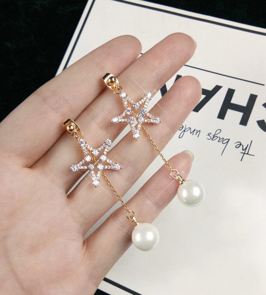 Bông tai tòn teng ngôi sao vàng phối ngọc trai