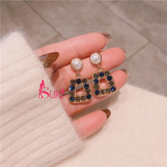 Bông Tai Tòn Teng Hình Thang Đính Đá Tròn Xanh Xám Ngọc Trai