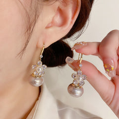 Bông Tai Tòn Teng Hoa Đá Phối Ngọc Trai Xám Nâu Dạng Móc