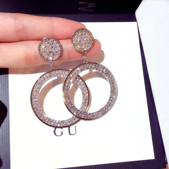 Bông tai khoen vàng đính đá phong cách Hàn Quốc