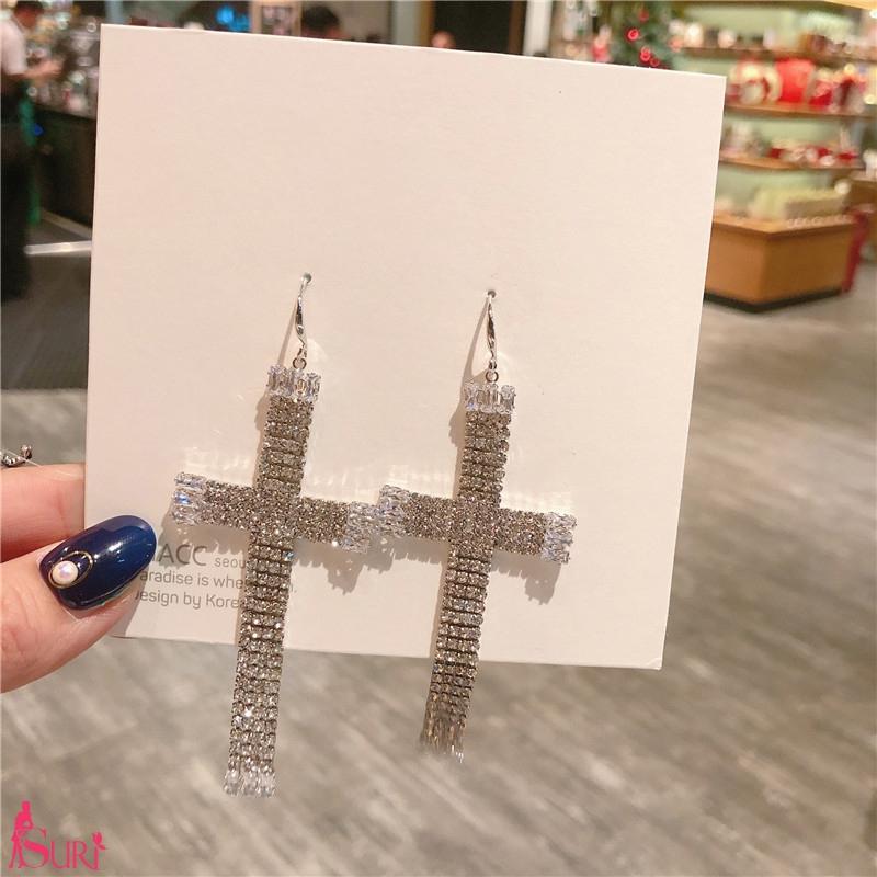 Bông Tai Tòn Teng Chữ Thập Đính Đá Trắng Dạng Móc