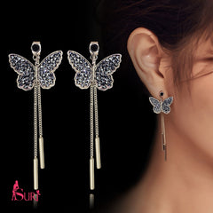 Bông tai cánh bướm tòn teng đính đá đen