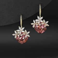 Bông Tai Tòn Teng Hình Thoi Đá Tím Ánh Hồng Phối 3 Hoa Đá Dạng Móc