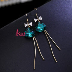 Bông Tai Tòn Teng Nơ Tam Giác Đá Xanh Dạng Móc