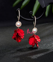 Bông Tai Tòn Teng Khoen Ngọc Trai Cánh Hoa Rơi Màu Đỏ