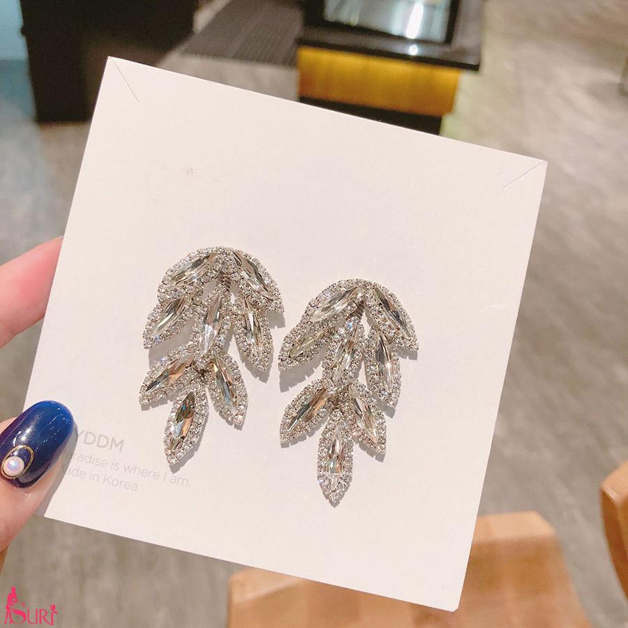 Bông Tai Tòn Teng Lá Rơi Đá Trắng