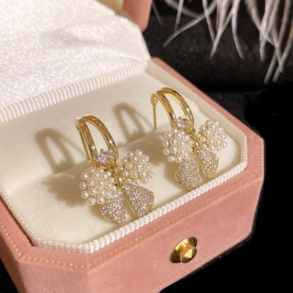 Bông Tai Tòn Teng Nơ Ngọc Trai Phối Đá Trắng