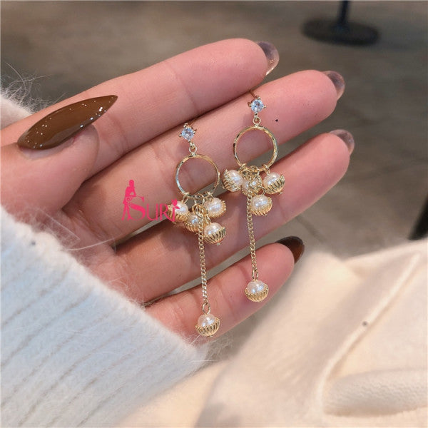 Bông Tai Tòn Teng Khoen Tròn Vàng Đính Chùm 5 Hạt Trai