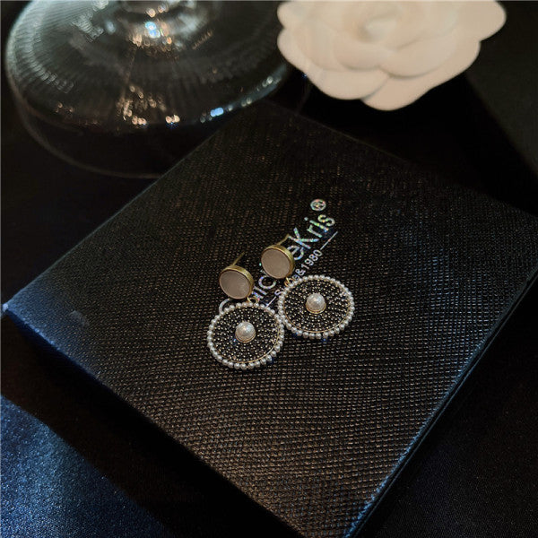 Bông Tai Tòn Teng Hình Tròn Đôi Phối Đá Đen Viền Ngọc Trai Trắng