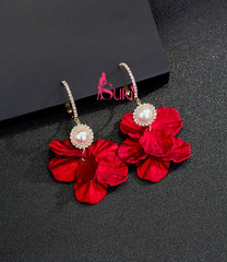 Bông Tai Tòn Teng Khoen Ngọc Trai Cánh Hoa Rơi Màu Đỏ