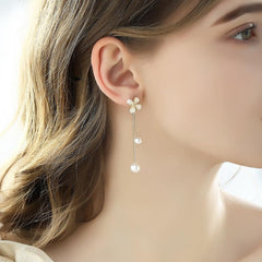 Bông Tai Tòn Teng Hoa Đá 4 Cánh Tua Rua Ngọc Trai