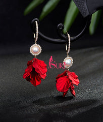 Bông Tai Tòn Teng Khoen Ngọc Trai Cánh Hoa Rơi Màu Đỏ