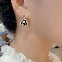 Bông Tai Tòn Teng Hoa Hồng Đen Trái Tim Đá Siêu Yêu