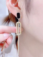 Bông Tai Tòn Teng Hình Chữ Nhật Vàng Bo Cạnh Phối Dây Mảnh Lạ Mắt