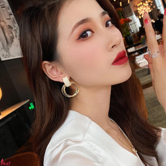 Bông Tai Khoen Vàng Hình Chữ Nhật Trắng