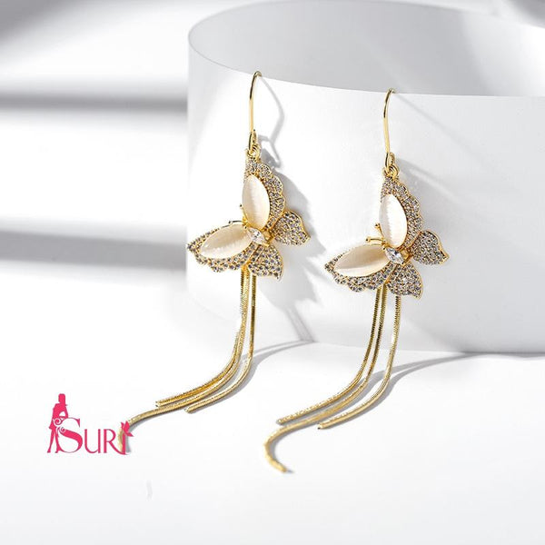 Bông Tai Tòn Teng Bướm Nạm Đá Tua Rua Dạng Móc