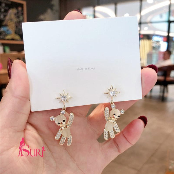 Bông Tai Tòn Teng Gấu Con Đính Đá Siêu Yêu