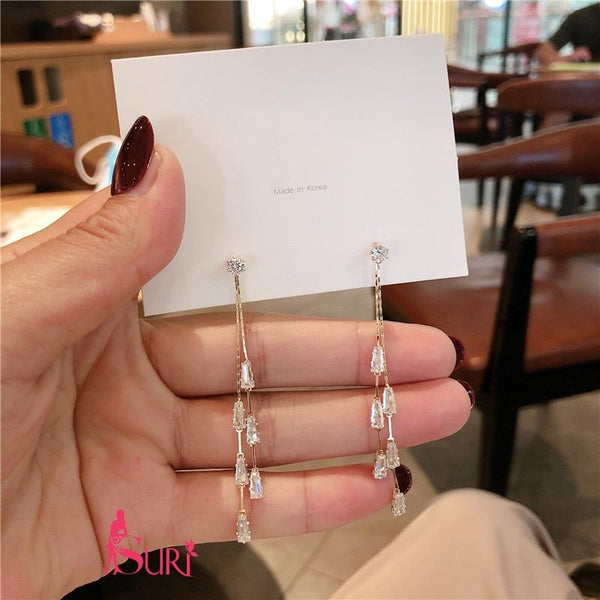 Bông Tai Tòn Teng 2 Sợi 6 Hạt Đá Chữ Nhật