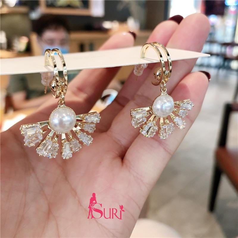 Bông Tai Khoen Ngọc Trai Rẻ Quạt Đá Vuông