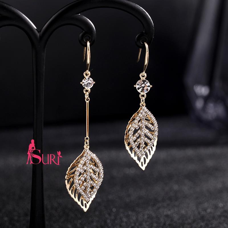 Bông Tai Bất Đối Xứng Lá Kép Đính Đá Dạng Móc