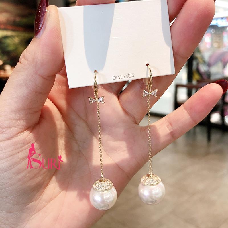 Bông Tai Tòn Teng Nơ Nhỏ Đính Ngọc Trai 1 Sợi Dạng Móc