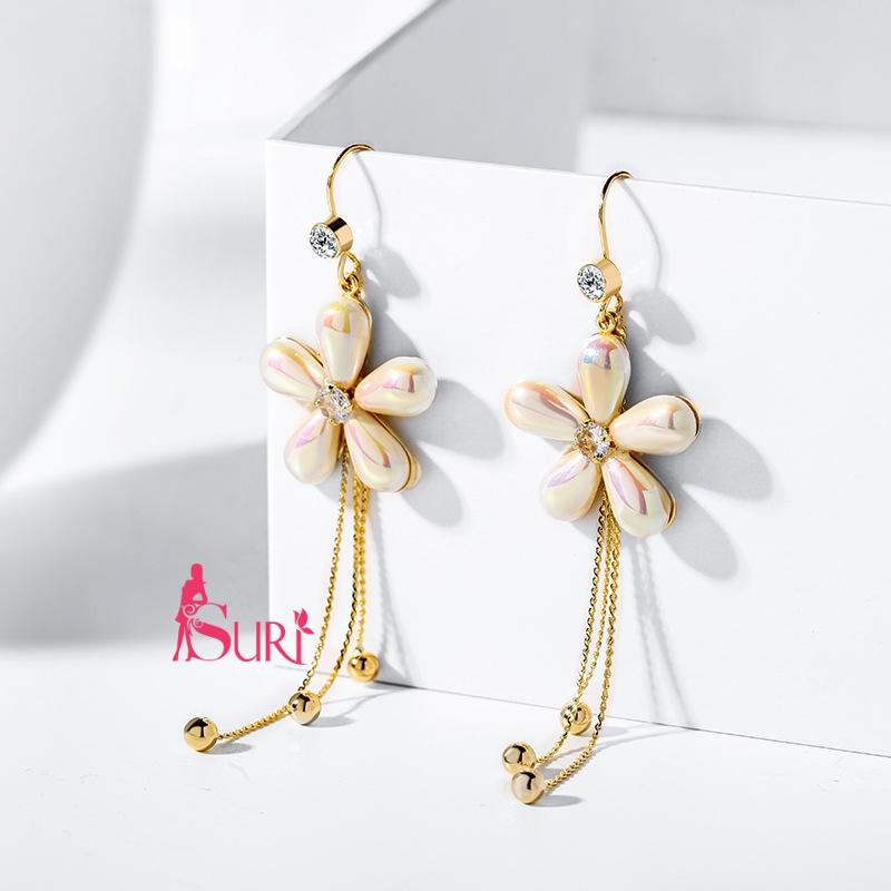 Bông Tai Tòn Teng Hoa 5 Cánh Ngọc Trai 3 Sợi Dạng Móc