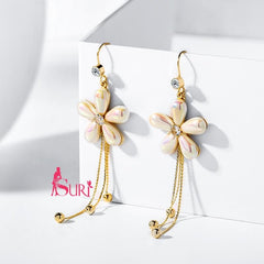 Bông Tai Tòn Teng Hoa 5 Cánh Ngọc Trai 3 Sợi Dạng Móc