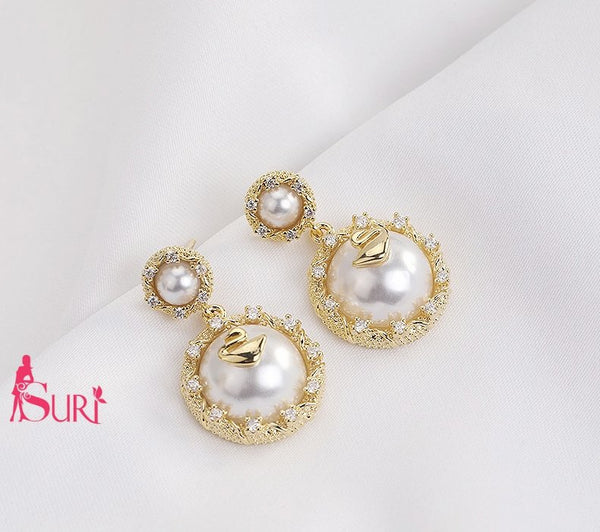 Bông Tai Tòn Teng Khoen Ngọc Trai Thiên Nga Vàng