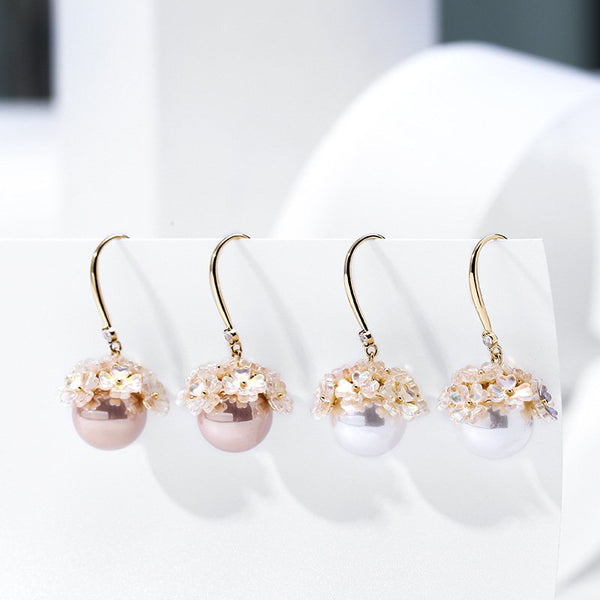 Bông Tai Tòn Teng Ngọc Trai Hoa Xà Cừ Nước Ngọt Dạng Móc