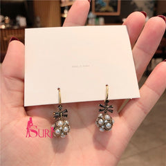 Bông Tai Tòn Teng Nơ Đá Quả Cầu Ngọc Trai Dạng Móc