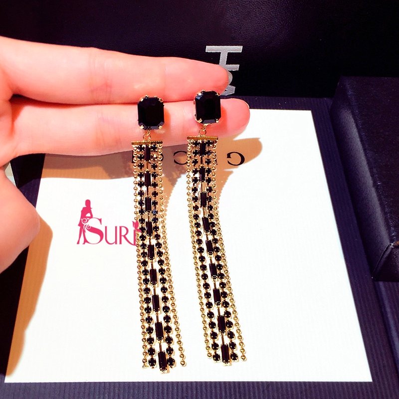 Bông Tai Tòn Teng Dải Đen Đính Đá Sang Chảnh