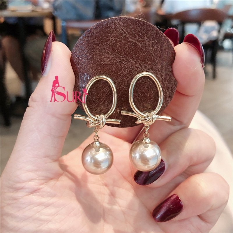 Bông Tai Tòn Teng Hình Thắt Nút Tròn Ngọc Trai Nâu