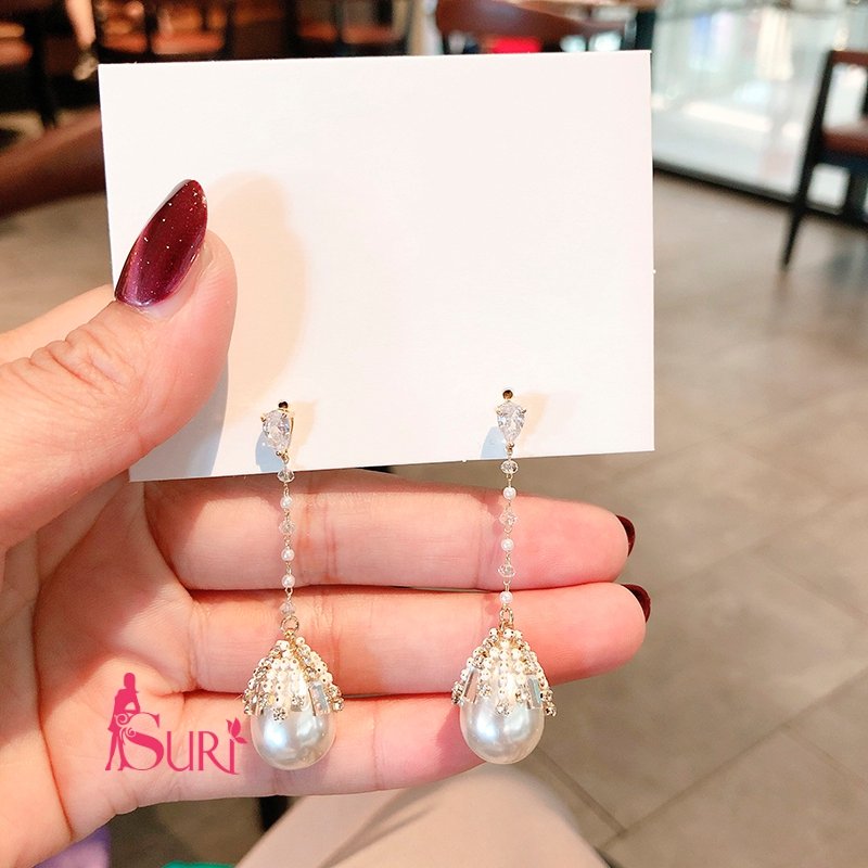 Bông Tai Tòn Teng Ngọc Trai Giọt Nước Phối Đá Tấm